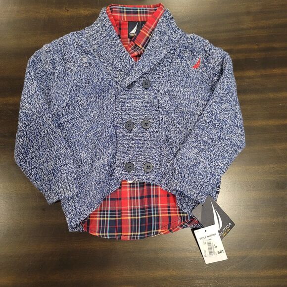 NWT Nautica Boys 24M Sweater & Shirt Set Red Plaid Blue Collar Cardigan Preppy - Picture 1 of 5
